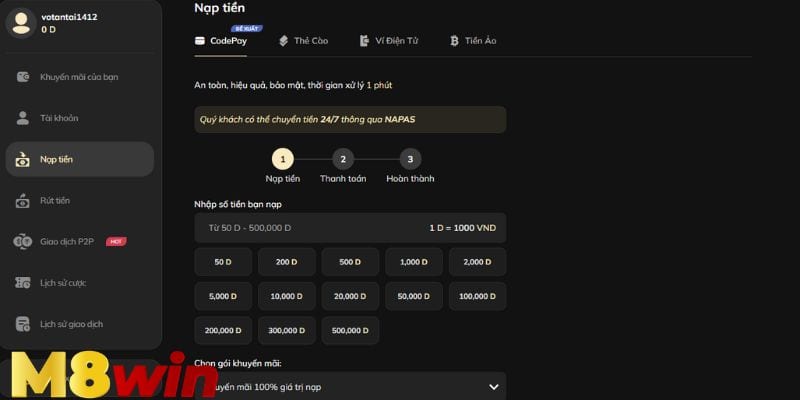 Chi tiết các bước nạp tiền M8Win vào tài khoản